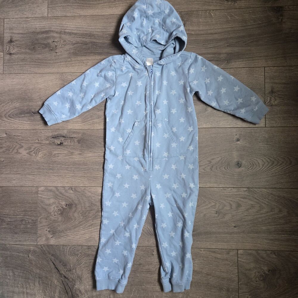 H&M Organic Cotton Baby Blue Star Hooded Jumpsuit Romper One Piece 1.5-2Y 18-24M
